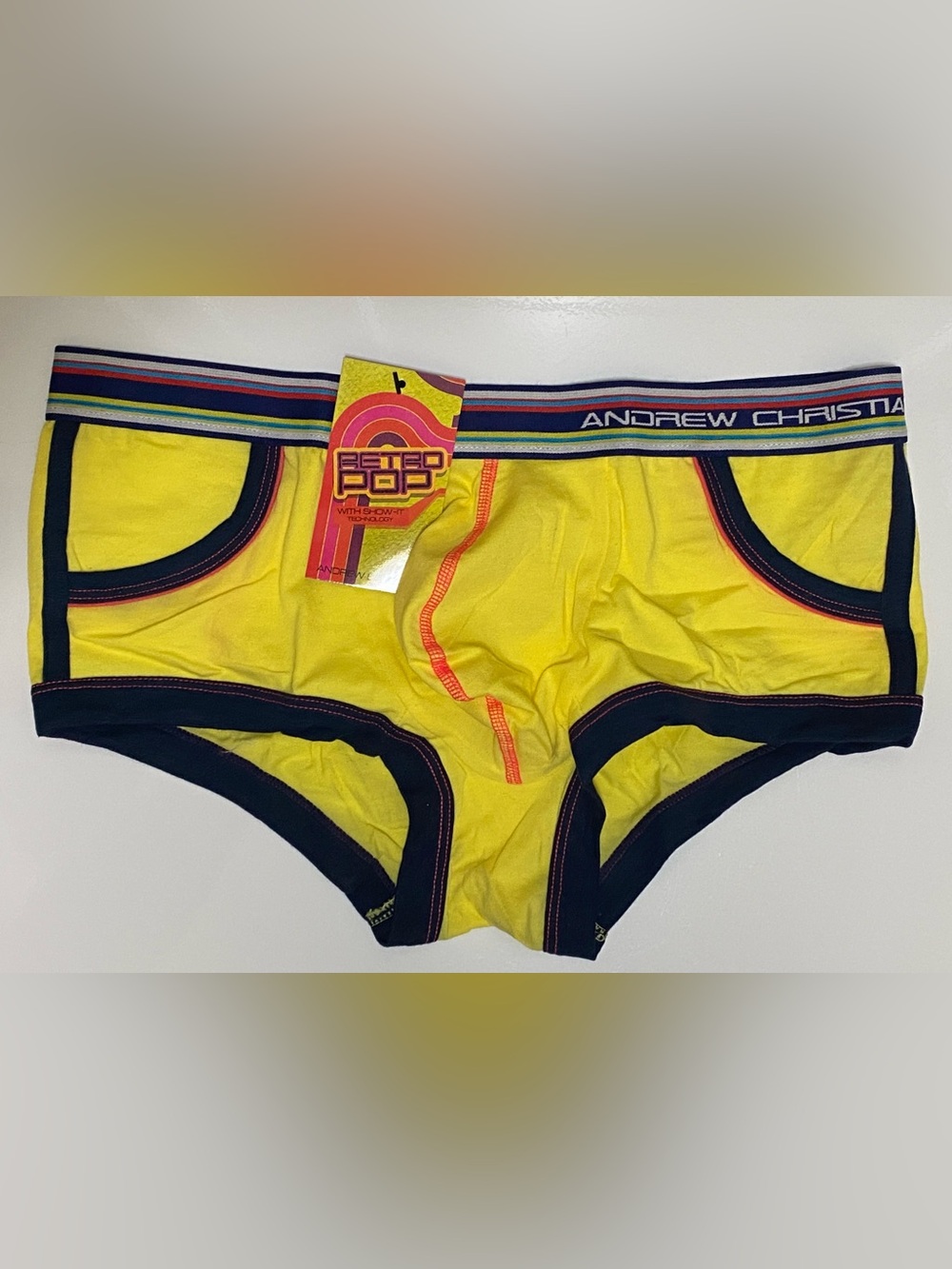 NWT! Andrew Christian RETRO Pop💥 Pocket Boxer w/Show-It Tech MED Yellow